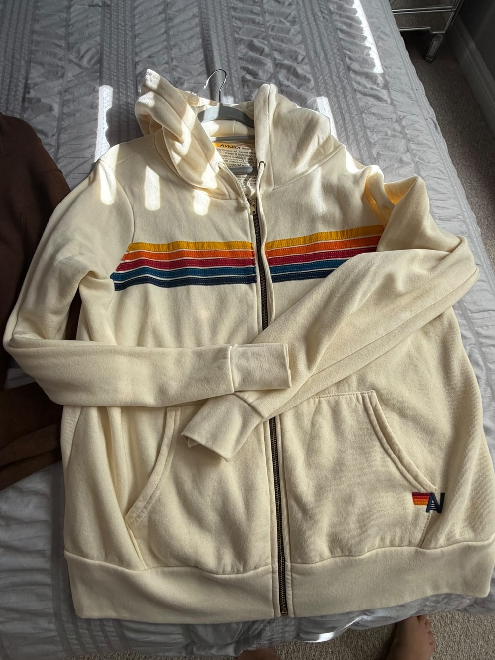 Aviator Nation Cream Zip Hoodie with Rainbow Stripe